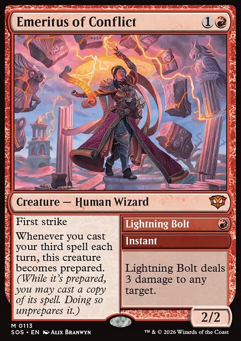 Emeritus of Conflict // Lightning Bolt, Secrets of Strixhaven #113, Magic: The Gathering card