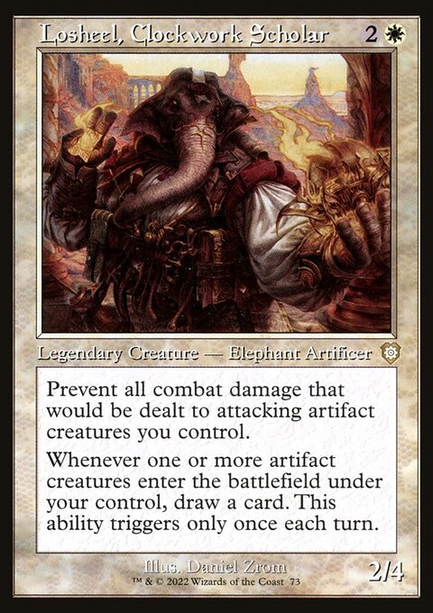Losheel, Clockwork Scholar, The Brothers' War Commander #73, Magic: The Gathering card