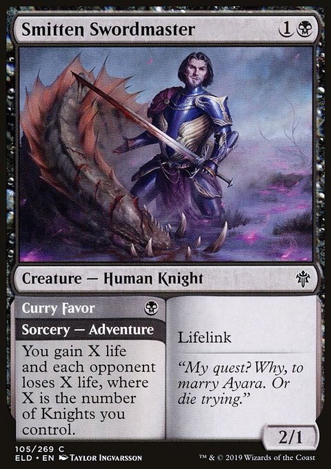 Smitten Swordmaster // Curry Favor, Throne of Eldraine #105, Magic: The Gathering card