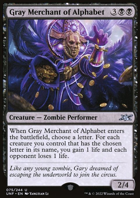 Gray Merchant of Alphabet, Unfinity #75, Magic: The Gathering card