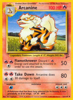 Arcanine, Base Set 2 #33, Pokémon TCG card