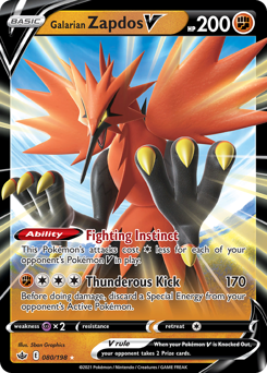 Galarian Zapdos V, Chilling Reign #80, Pokémon TCG card