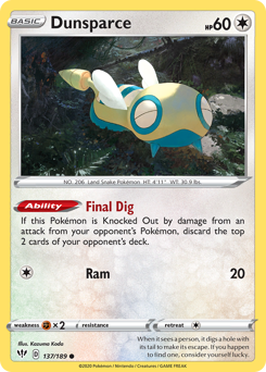 Dunsparce, Darkness Ablaze #137, Pokémon TCG card