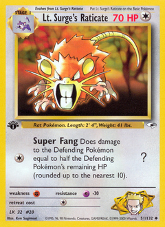Lt. Surge's Raticate, Gym Heroes #51, Pokémon TCG card