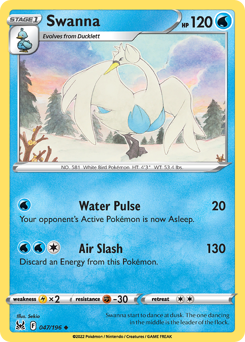 Swanna, Lost Origin #47, Pokémon TCG card