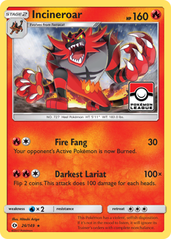Incineroar, Sun & Moon #26, Pokémon TCG card