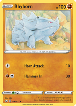 Rhyhorn, Sword & Shield #96, Pokémon TCG card