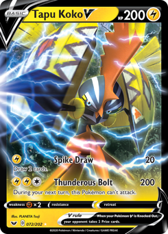 Tapu Koko V, Sword & Shield #72, Pokémon TCG card