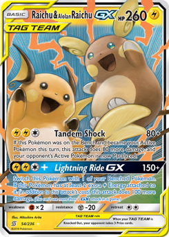 Raichu & Alolan Raichu-GX, Unified Minds #54, Pokémon TCG card