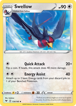 Swellow, Vivid Voltage #134, Pokémon TCG card