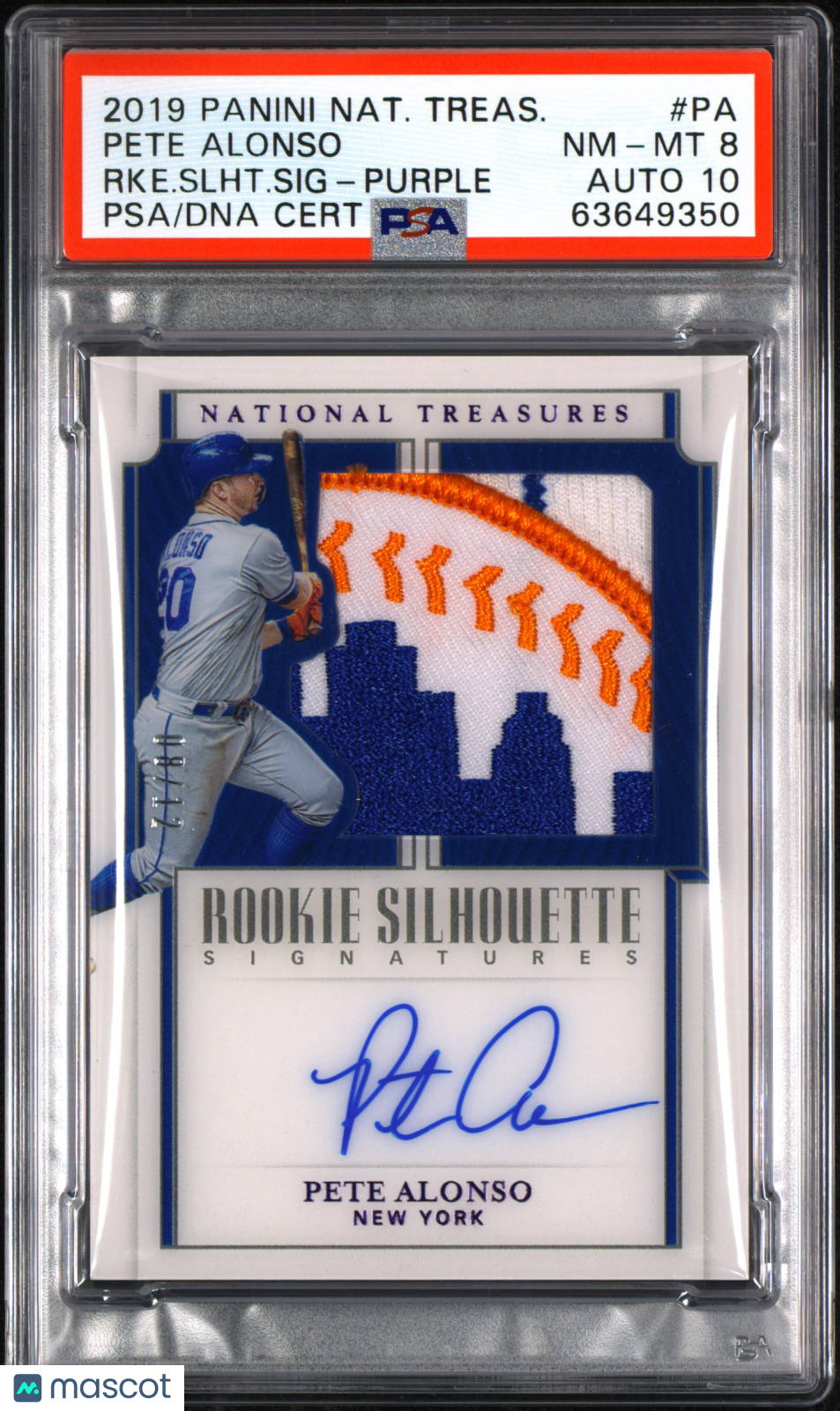 2019 National Treasures Pete Alonso #PA Rookie Silhouette Signatures PSA 8