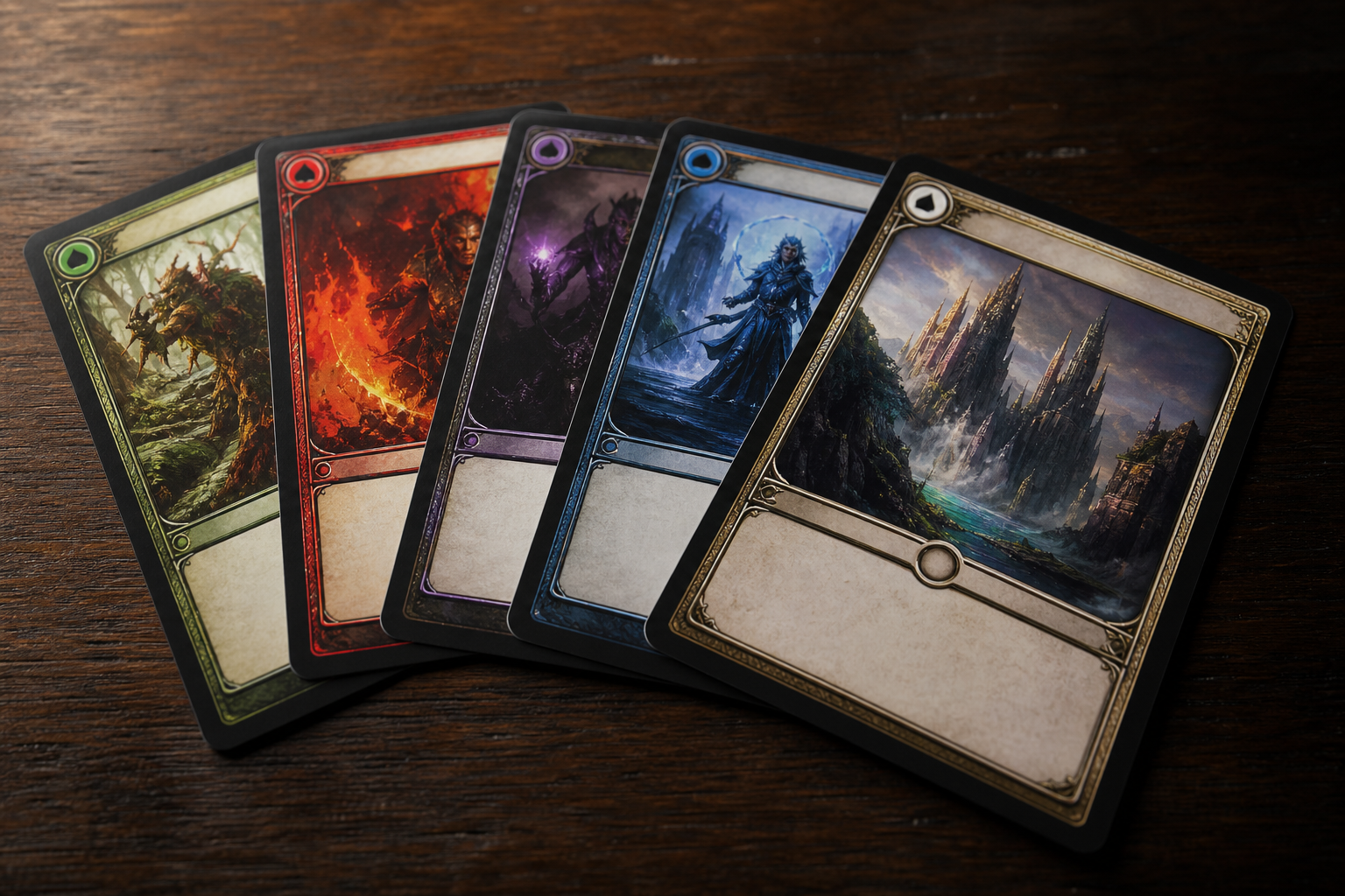 Fantasy trading card singles fanned on a wood table