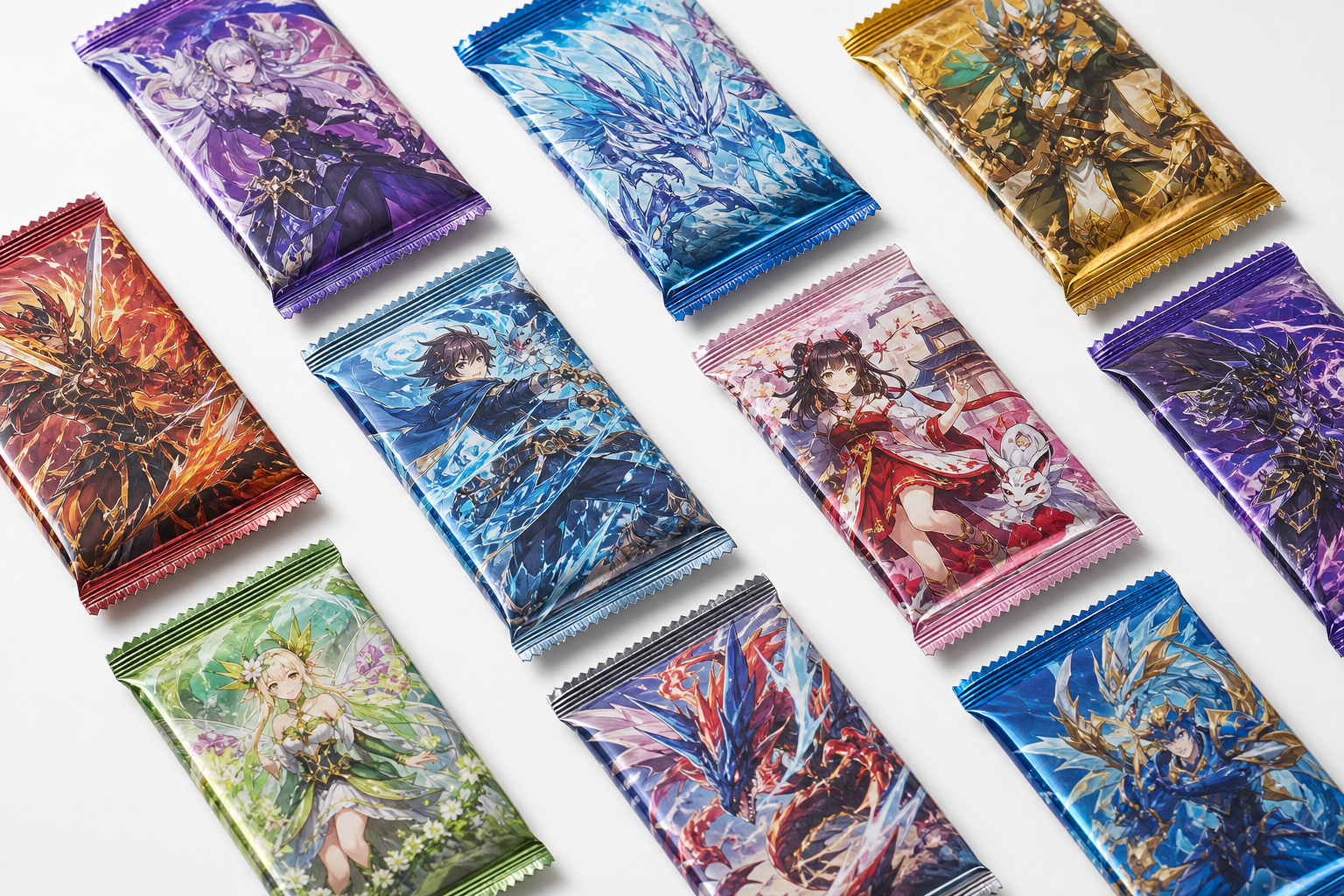 Sealed Pokemon-style trading card packs arranged for a marketplace product shot