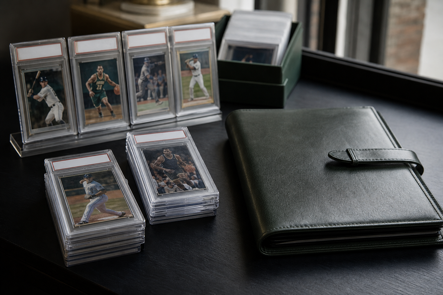 Graded sports trading cards in slabs on a collector desk