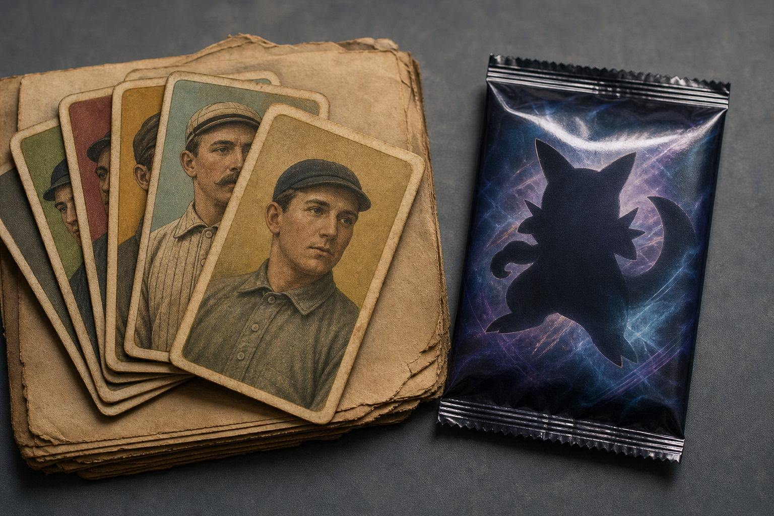 Vintage and modern trading cards arranged as a still-life editorial photograph