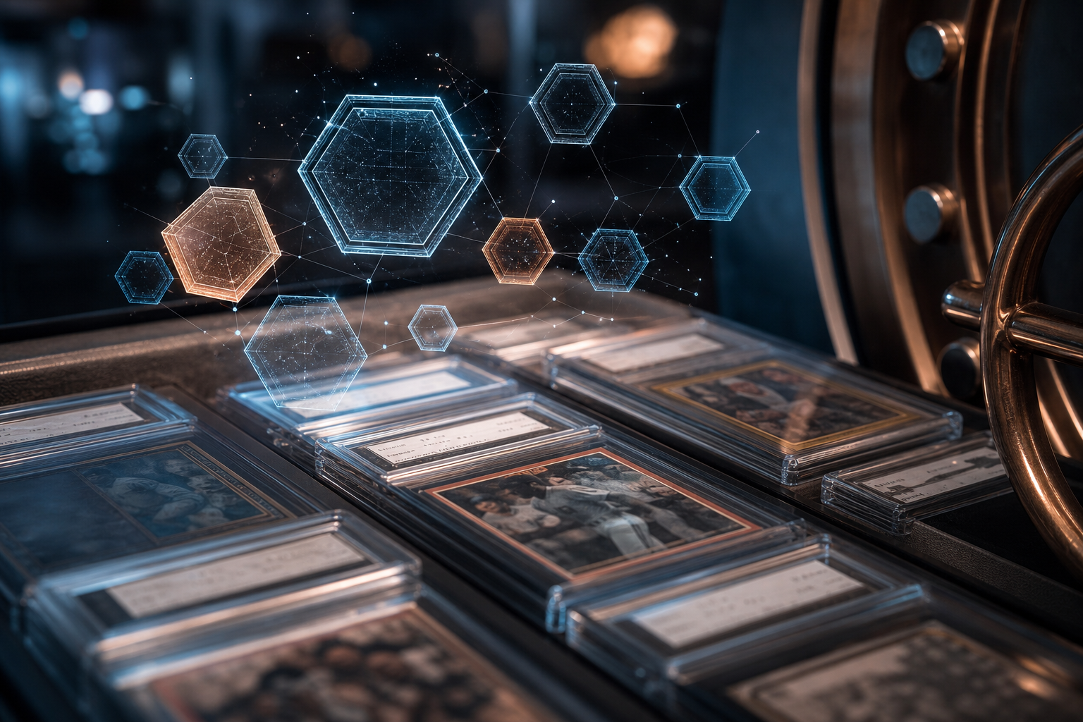 Abstract visualization of tokenized claims above vaulted graded cards