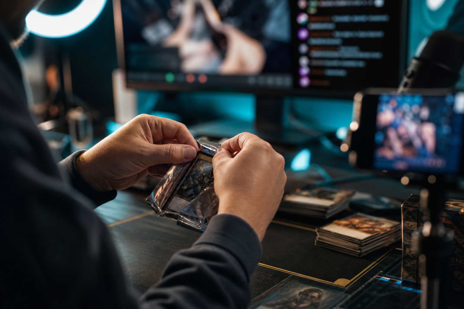 Hands opening a sealed trading card pack under studio lighting