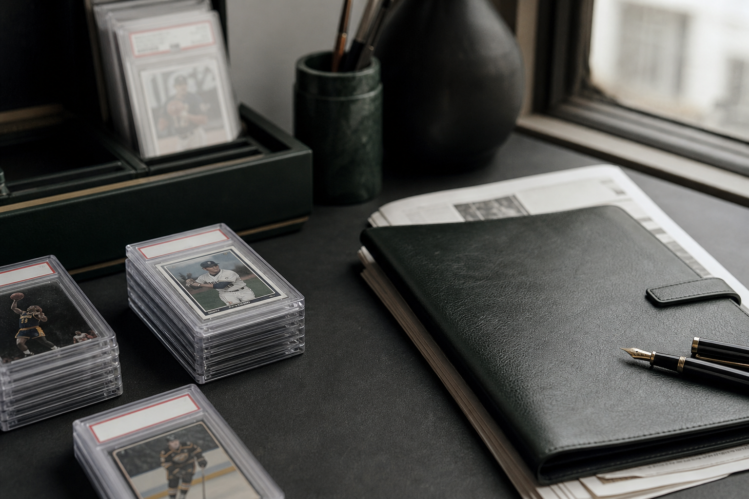 Graded sports trading cards on a desk with a leather folio